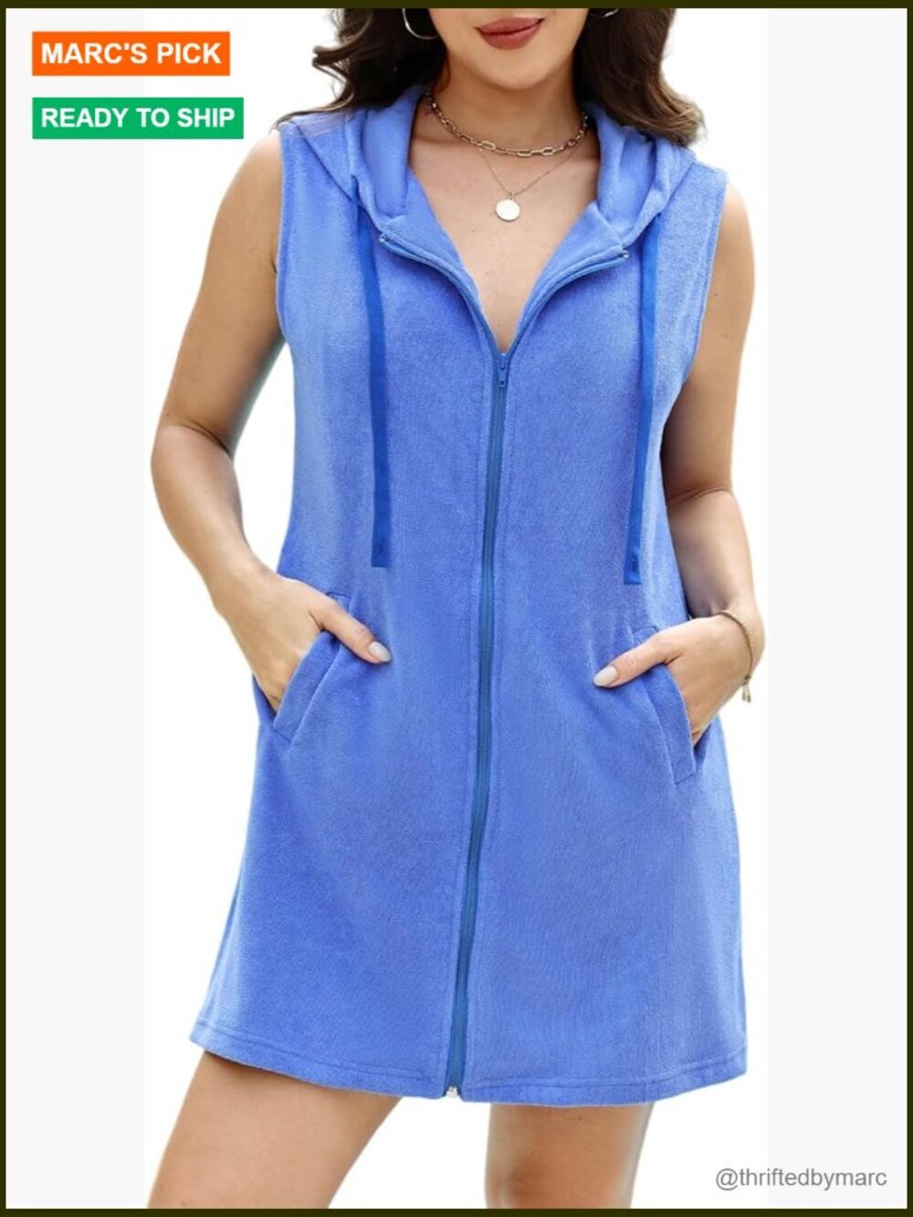 Terry Cloth Sleeveless Hooded Zipper Swim Cover Up with Pockets